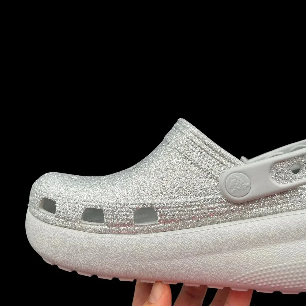 Crocs Youth Girls Platform Glitter Clog Size 2-3‎ Silver Slip-on Comfortable
